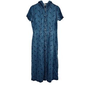 Vintage Maxi Blue Denim SS Hooded Button Shirt Dress Embroidered